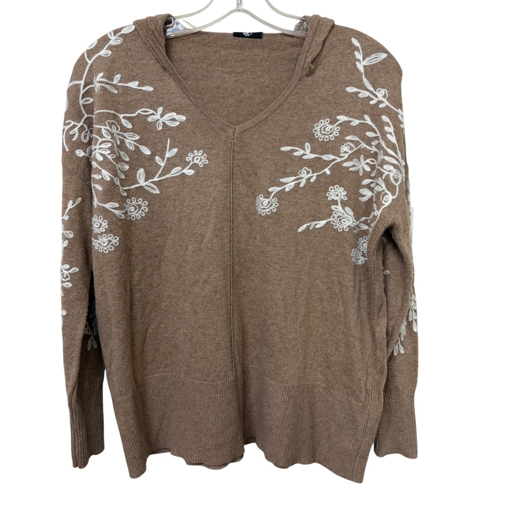 Rain + Rose Tan Floral Embroidered Hooded Sweater V-Neck Angora Blend Medium